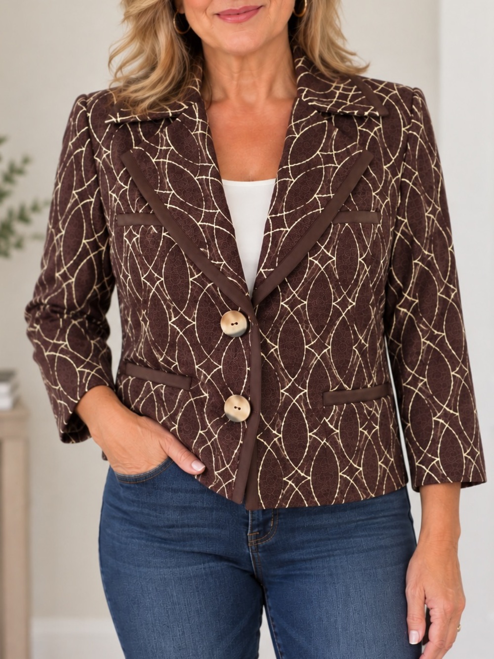 Vintage Sigrid Olsen Collection Blazer Size 10 Brown Cream Geometric Jacket
